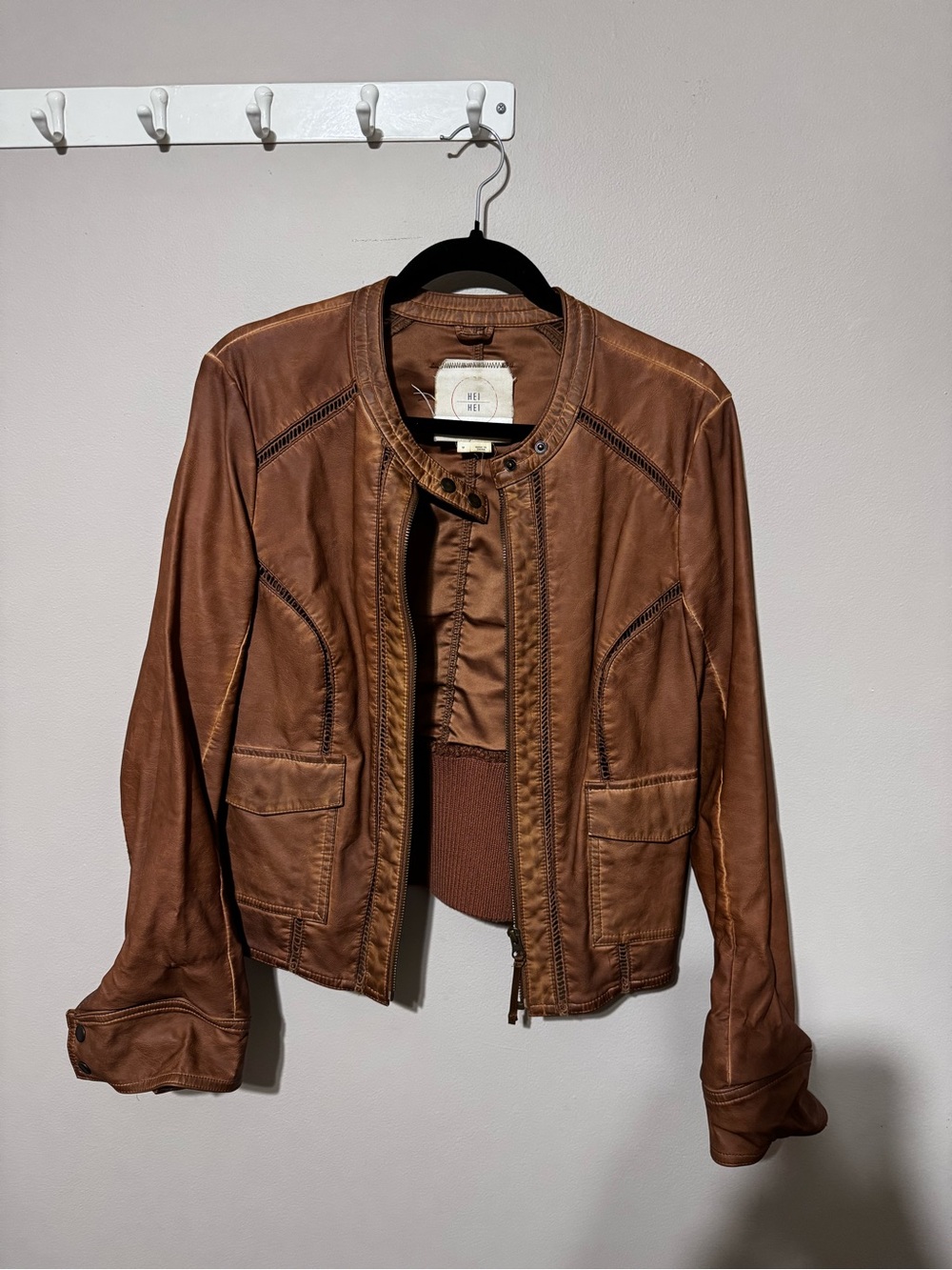 Woven Moto Leather Jacket - Brown
